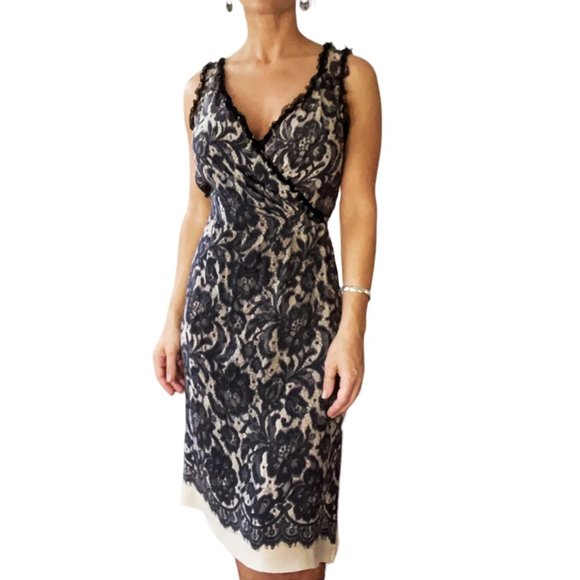 SOLD ♦️MOSCHINO Silk Lace A-line Beige Black Dress - Picture 1 of 7